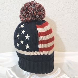 NWT Modena US Flag Knit Hat Pompom Winter Navy Red Stars and Stripes